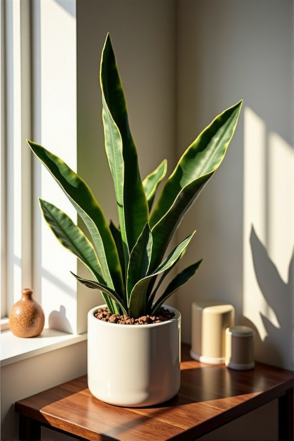 Close-up of a healthy Snake Plant with vibrant green leaves.