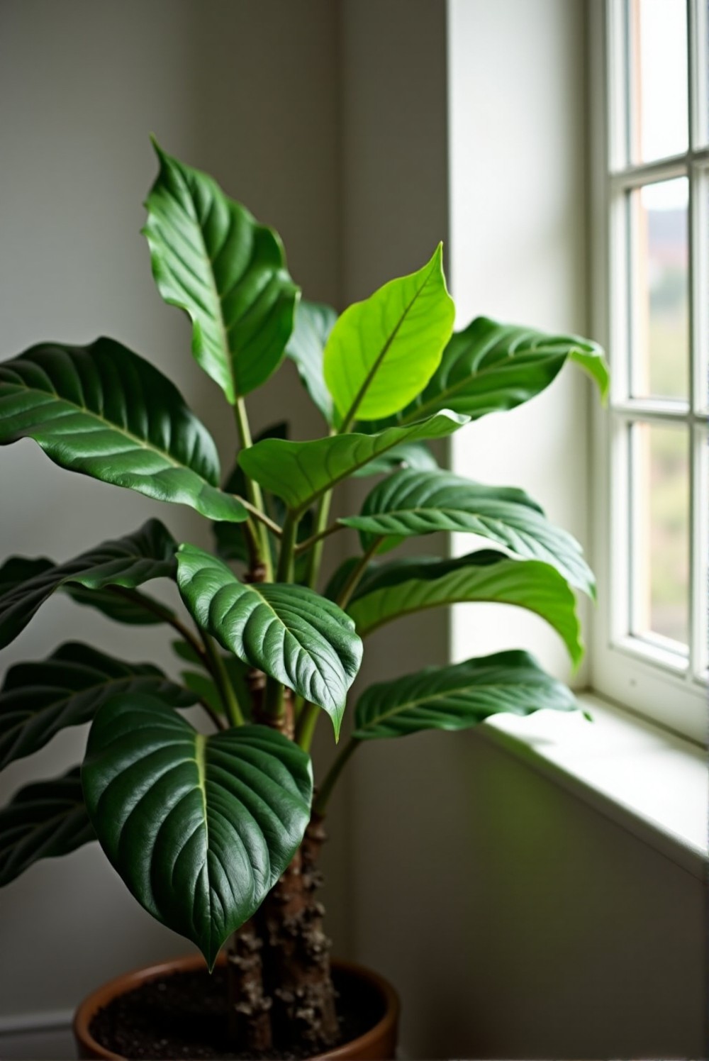 Healthy rubber plant with vibrant green leaves.