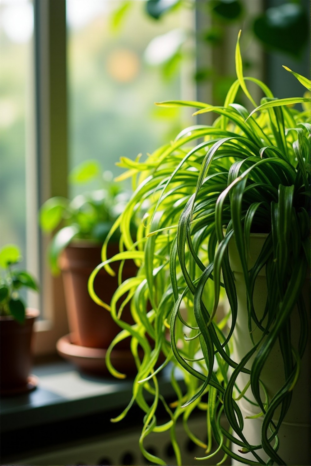 Green spider plant with variegated leaves