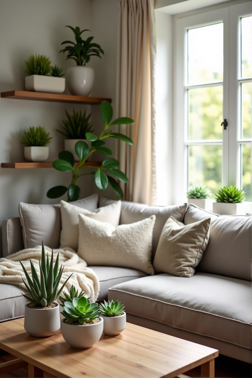 Succulents enhancing cozy home decor in stylish arrangements.