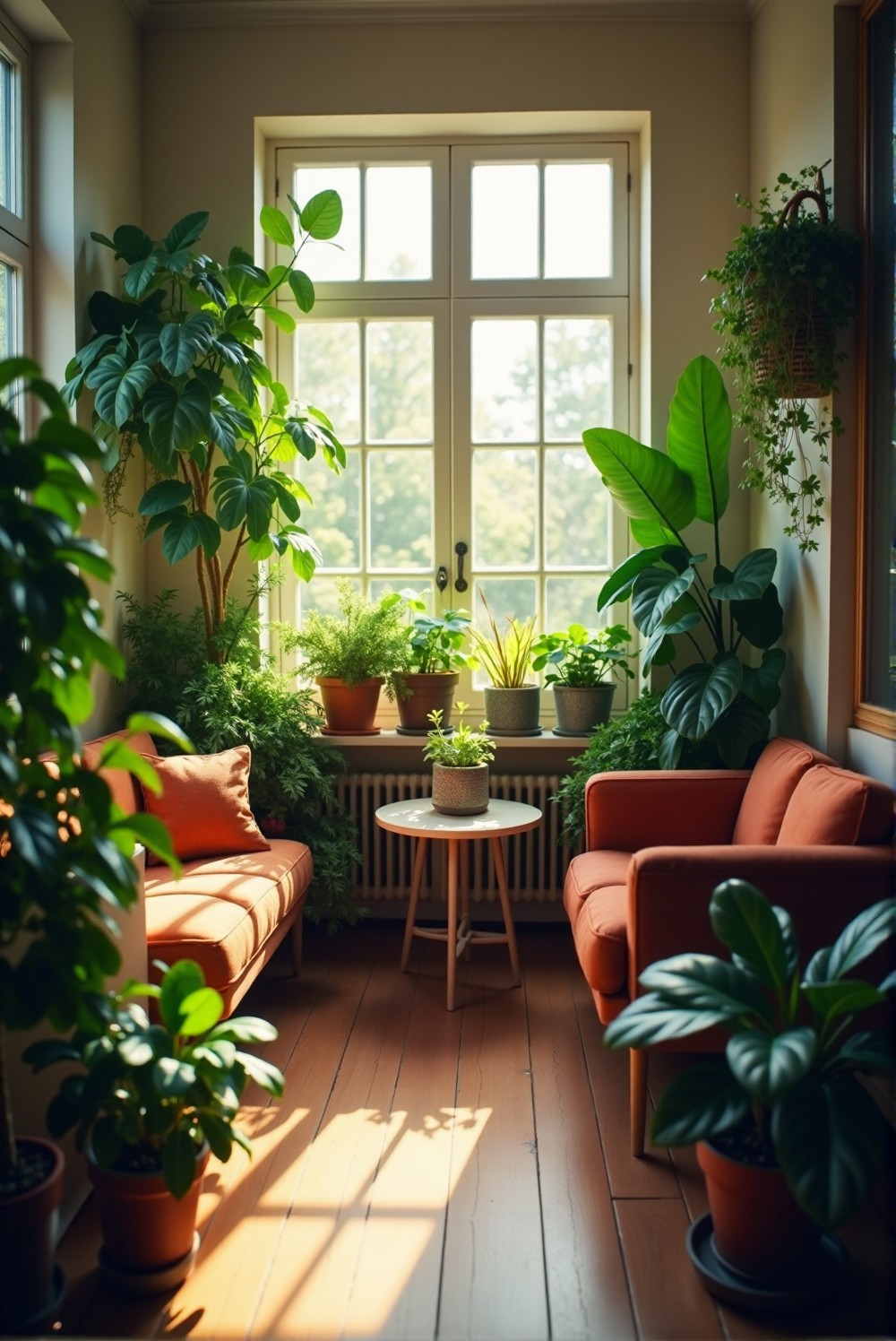 House plants enhancing a cheerful and inviting indoor atmosphere.