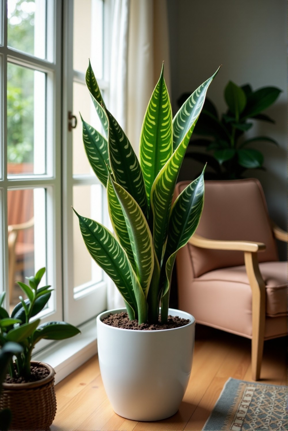 Close-up of a healthy Snake Plant with vibrant green leaves.