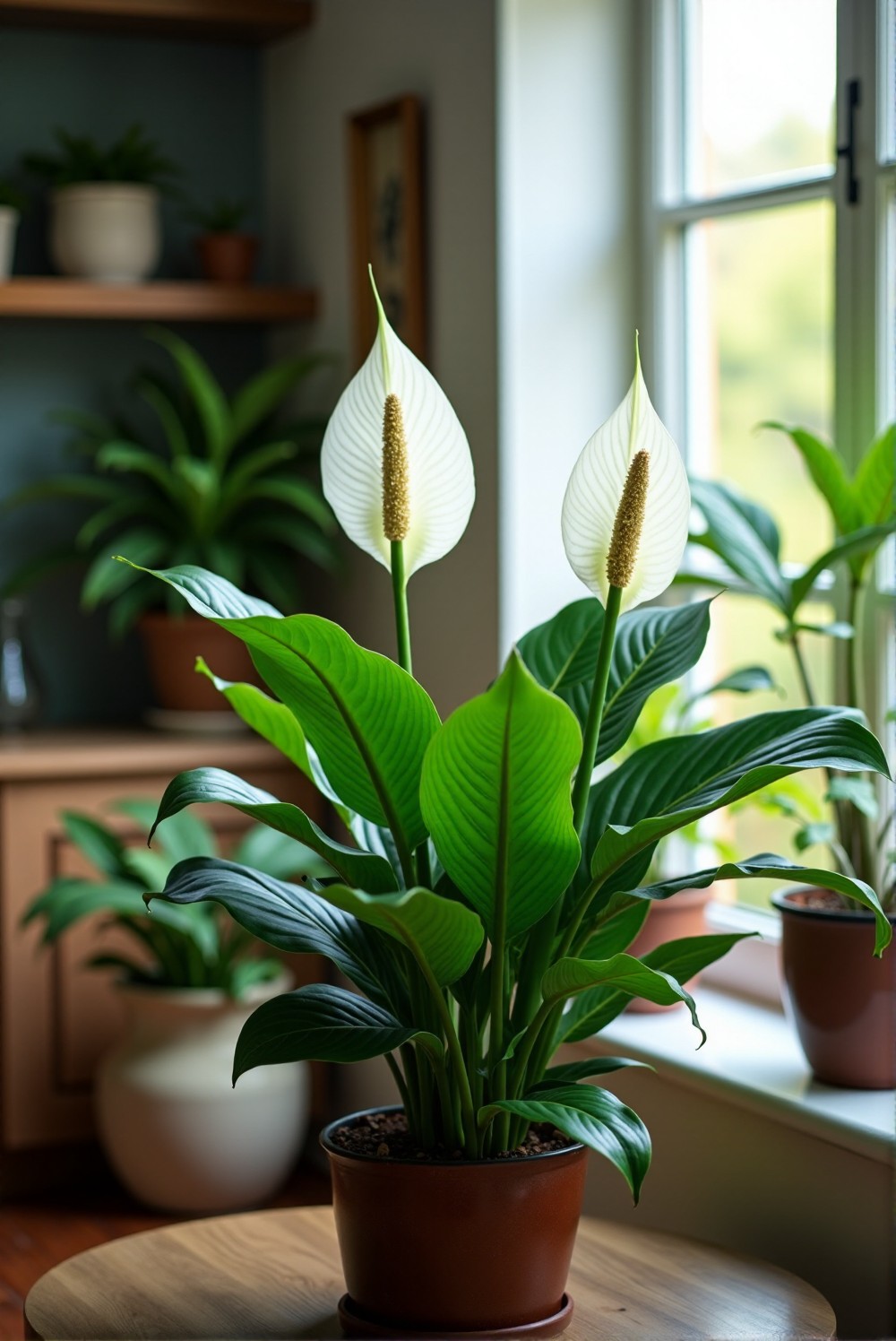 Peace Lily plant with lush green leaves and white flowers.
