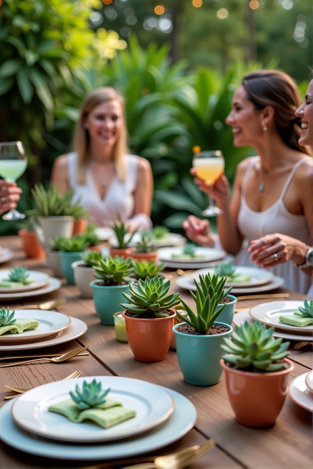 Colorful succulent centerpieces for a themed party.