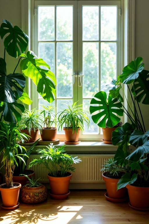 Indoor scene with various houseplants