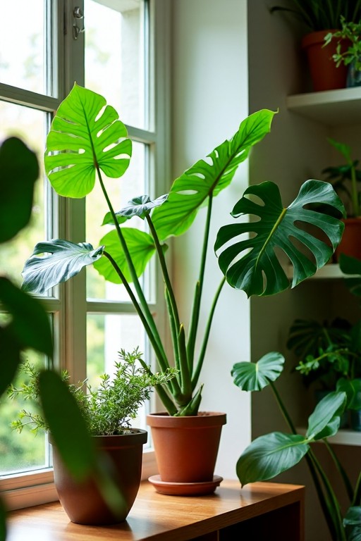 Lush indoor plants in bright sunlight